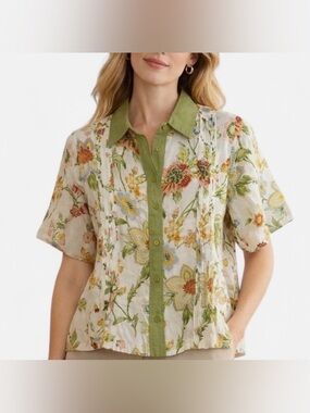 Magaschoni Olive/ Cream Floral Linen Button Up Cropped Blouse Small Cottagecore